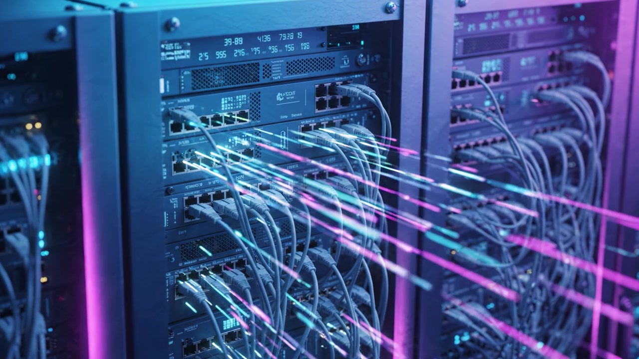 High-Tech Server Rack with Intricate Cabling and Illuminated Indicators Showcasing the Complexity of Modern Data Center Infrastructure and Networking Technology