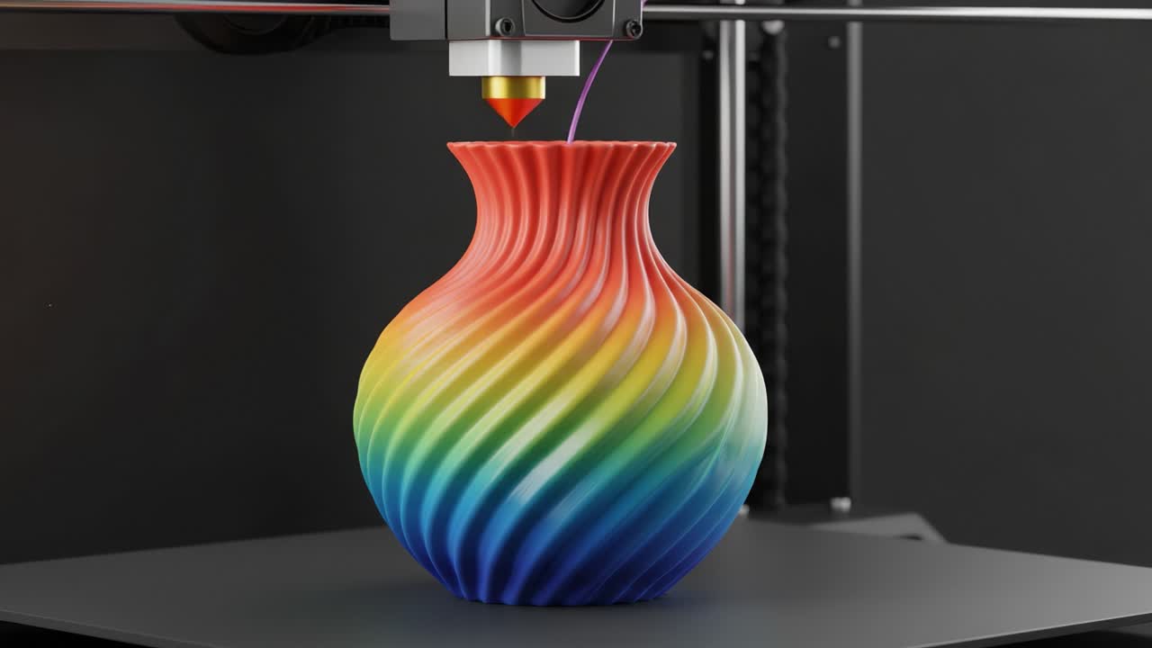 Captivating 3D Printing Process: A Stunning Rainbow Swirl Vase in the Final Stages of Creation Under Precision Nozzle Technology