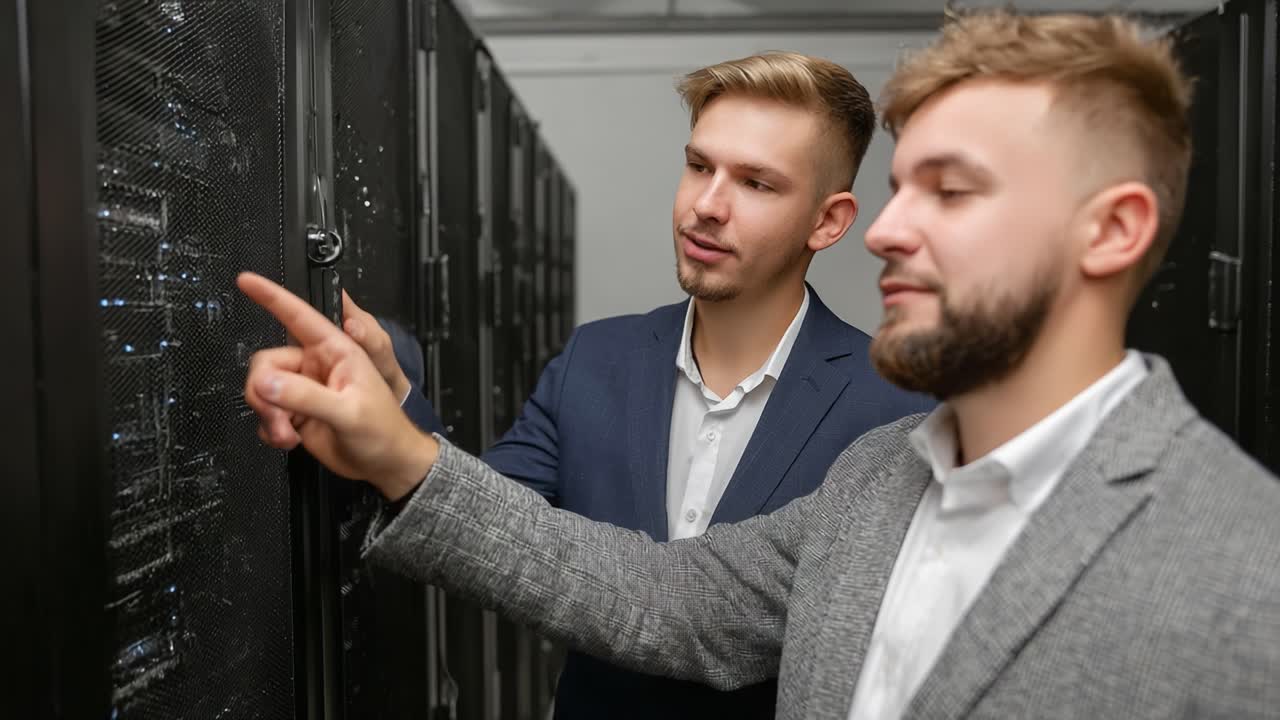 Two Professionals Collaborating in a Data Center: An Insightful Interaction with Server Racks and Technology in a Modern Computing Environment