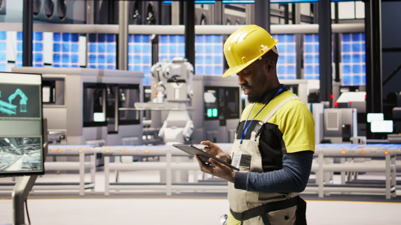 Vertical video Technician in industrial plant using tablet app to diagnose equipment errors