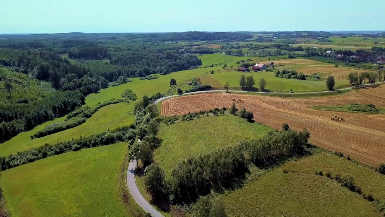 들판과 나무로 둘러싸인 구불구불한 시골길의 공중 촬영