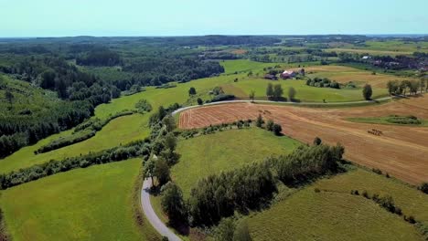 Aerial-Shot-of-Curvy-Country-Road-Surrounded-by-Fields-and-Trees