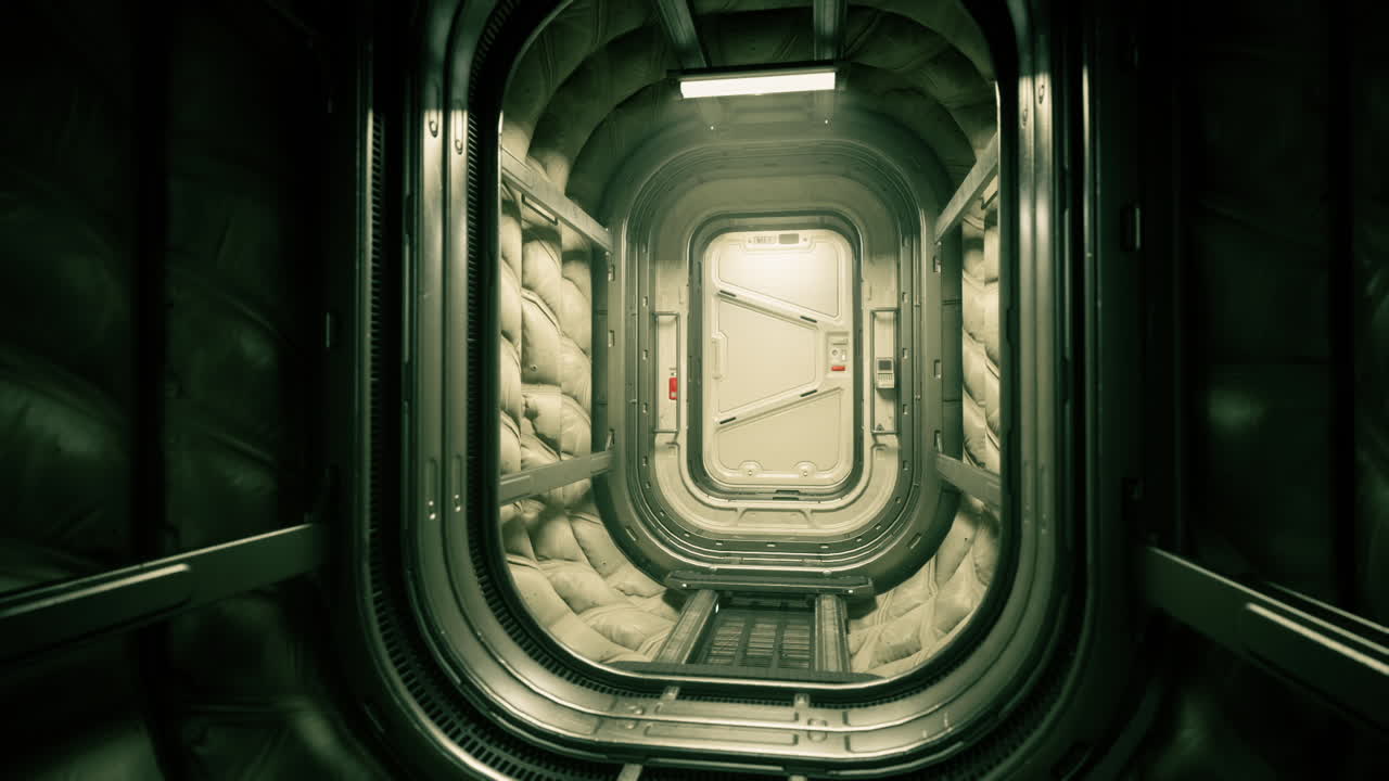 Vista interna di un modulo di stazione spaziale con pareti e porta imbottite