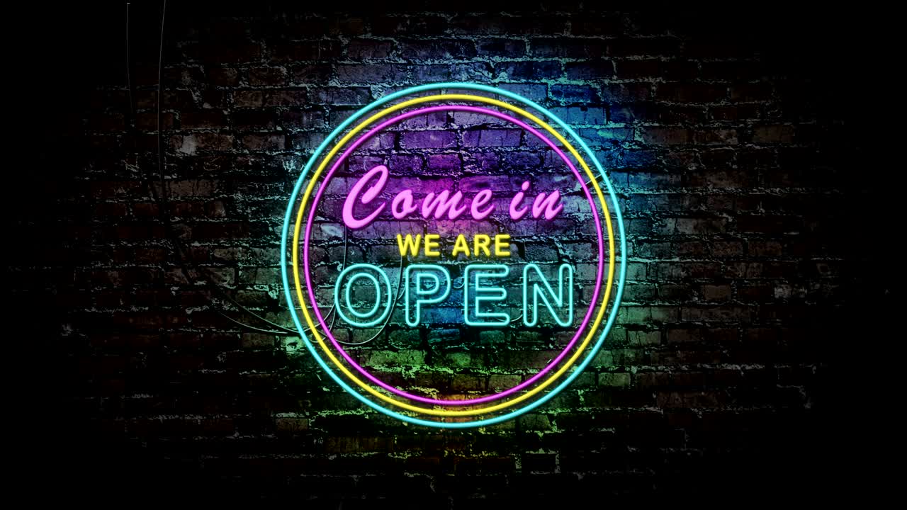 네온 표지판 '오십시오, 우리는 열려 있습니다' 배너 배경, 네온 광고 할인 판매, 상점, 레스토랑, 모텔 및 비즈니스에서 오픈 문을 환영합니다.