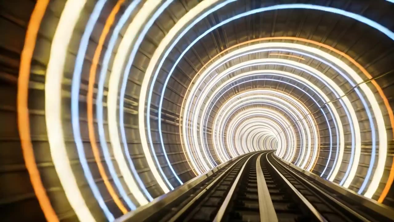 Moving camera advancing through ribbed tunnel on start, showing rails and ring lights