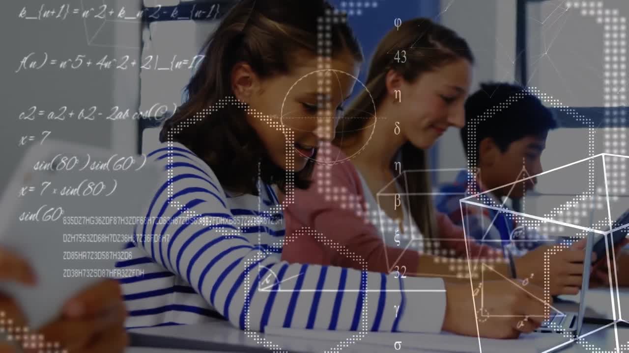 animación de ecuaciones sobre escolares escribiendo y usando computadora
