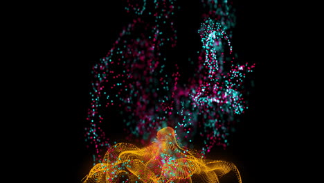 cyan and magenta particles swirling above yellow?orange mesh landscape in digital illustration