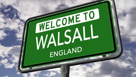 welcome to walsall, england, uk city road sign, realistic 3d animation