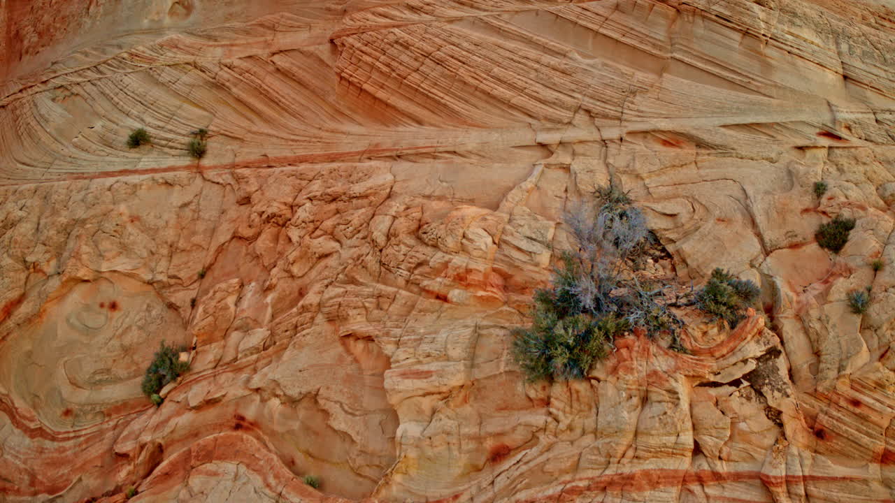 Drone view sweeping across intriguing rock shapes in the towering red canyon wall.