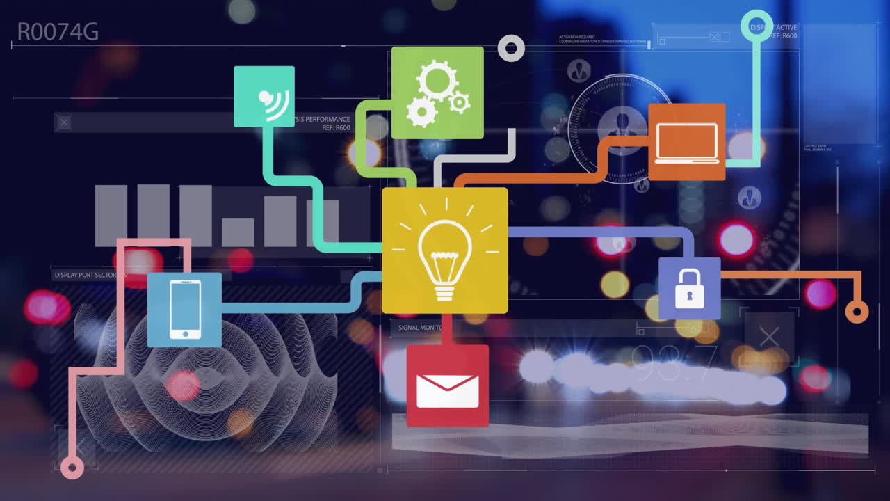 집과 공으로 구름 위에 소셜 미디어 아이콘의 애니메이션.