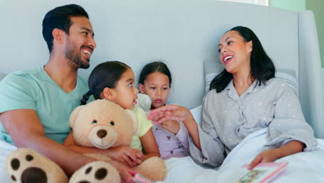 bed, happy family and parents reading