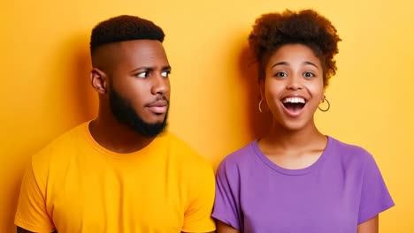 a man and a woman standing next to each other in front of a yellow wall