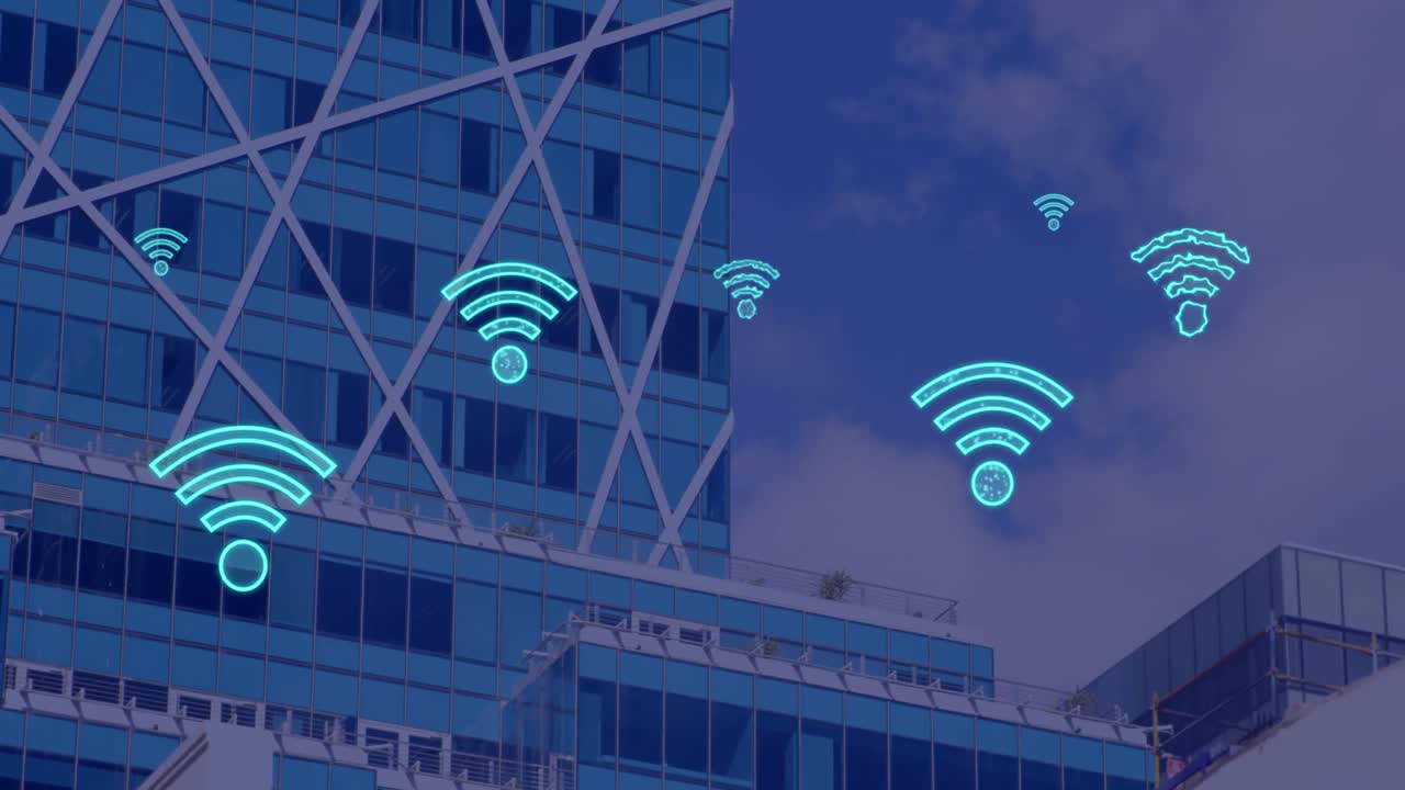 animación de iconos wifi digitales que vuelan sobre el paisaje urbano