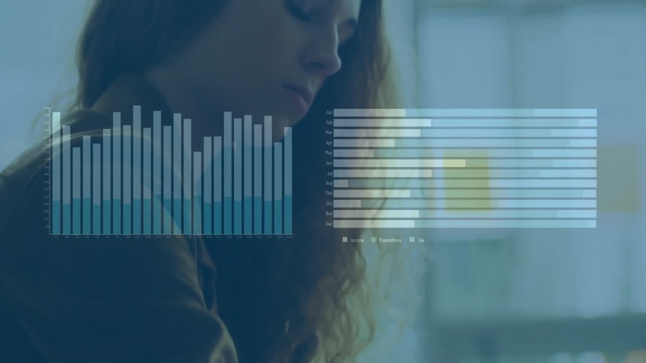 animación de procesamiento de datos en gráficos sobre mujer caucásica usando pantalla táctil de reloj inteligente