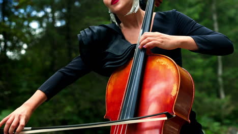 cello in woman's hands outdoors. beautiful woman with earrings and black dress playing the musical instrument on nature background.