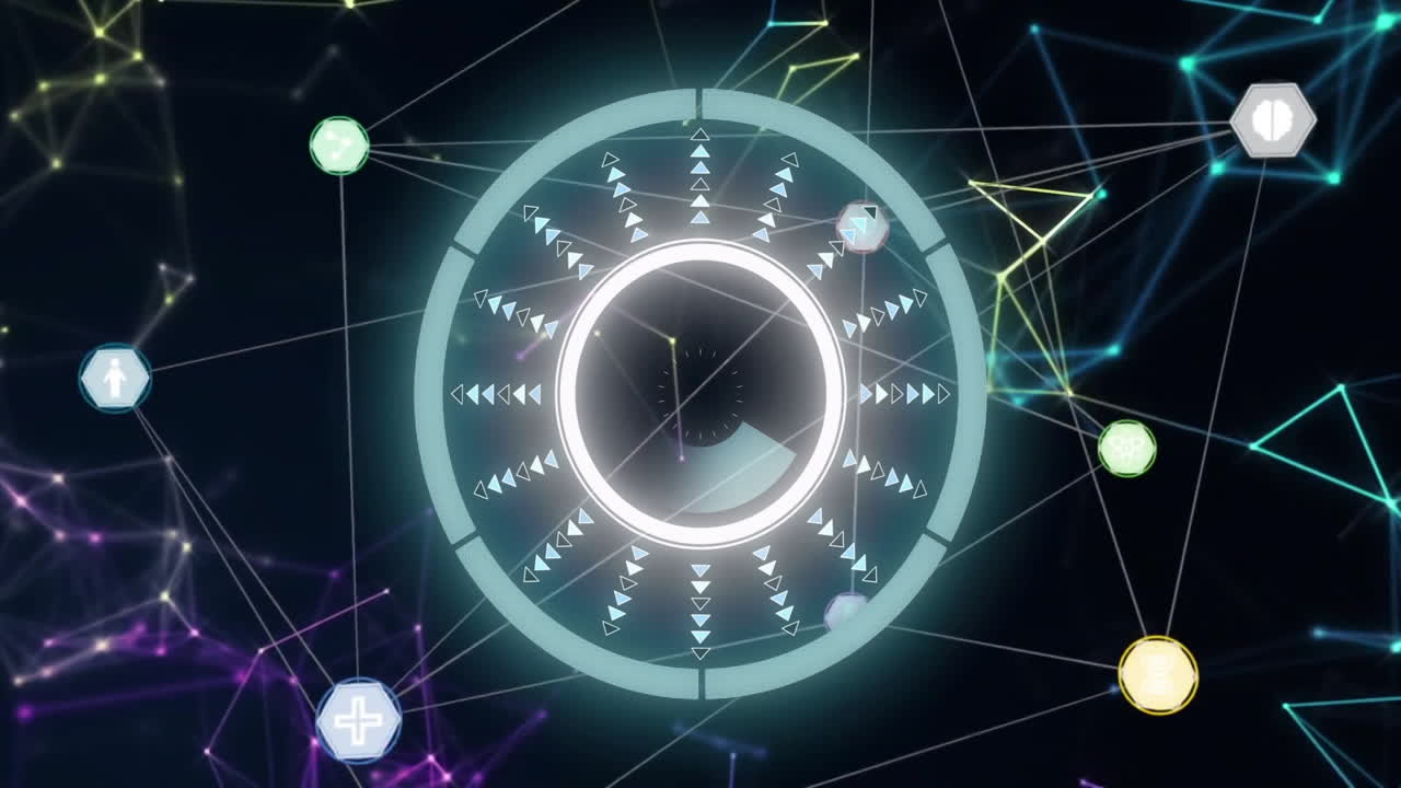 Geometric shapes and network connections, futuristic data visualization animation