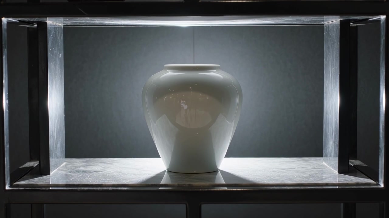 La telecamera arretra rivelando un vaso di ceramica bianca su uno scaffale metallico all'interno di una teca di vetro, mettendo in risalto il vaso.