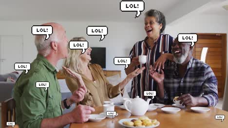 Animation-of-lol-texts-over-diverse-group-of-seniors-talking