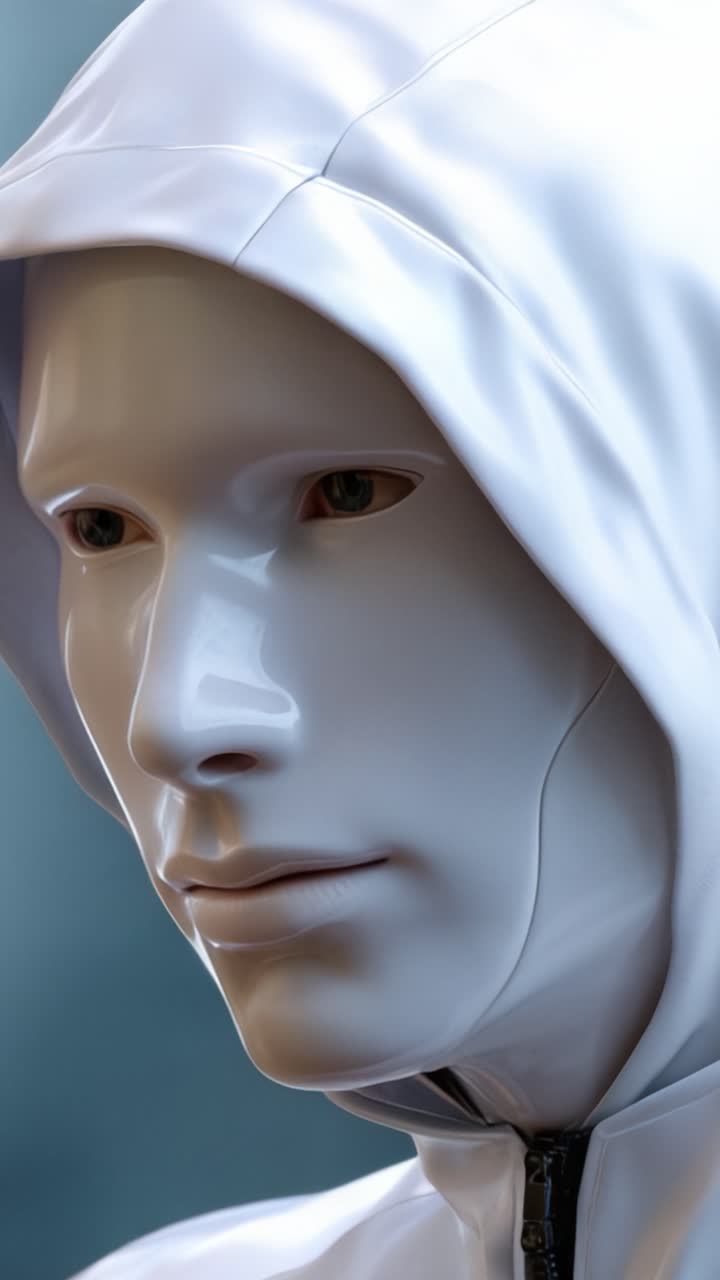 Et nærbillede af en futuristisk hvid hætteklædt robot med et glat, udtryksløst ansigt, der afspejler avanceret teknologi og designinnovationer