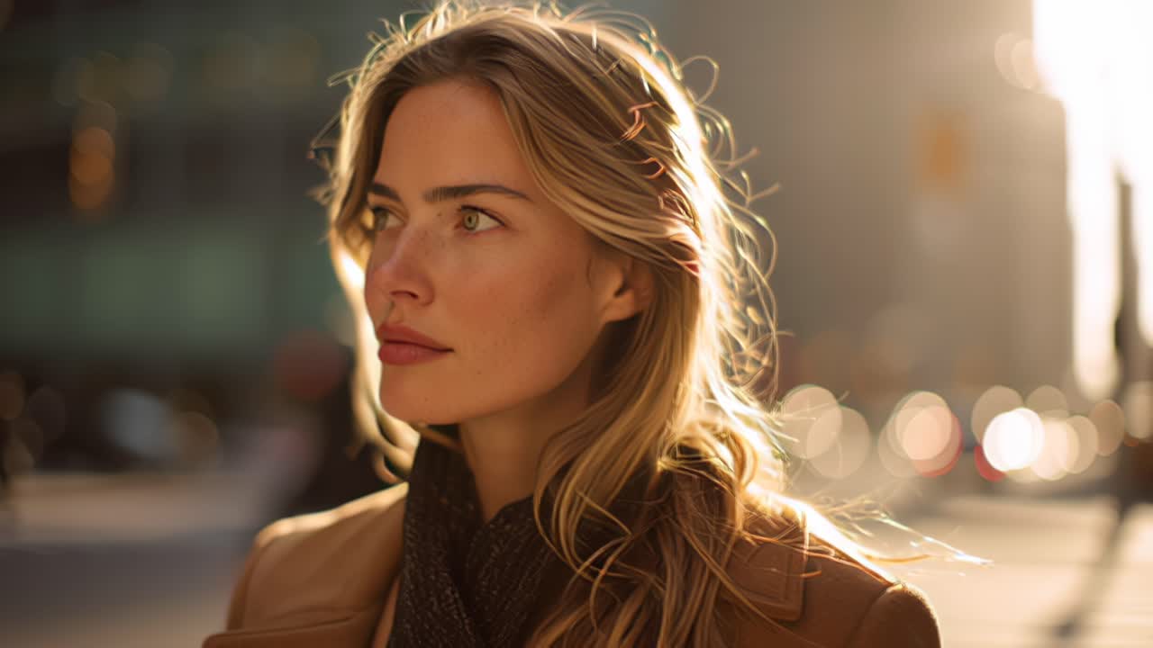 Elegante giovane donna con lunghi capelli biondi che cammina per una strada di città moderna all'ora d'oro, con una calda retroilluminazione e un morbido bokeh urbano che creano un'atmosfera di stile di vita cinematografica e aspirazionale.