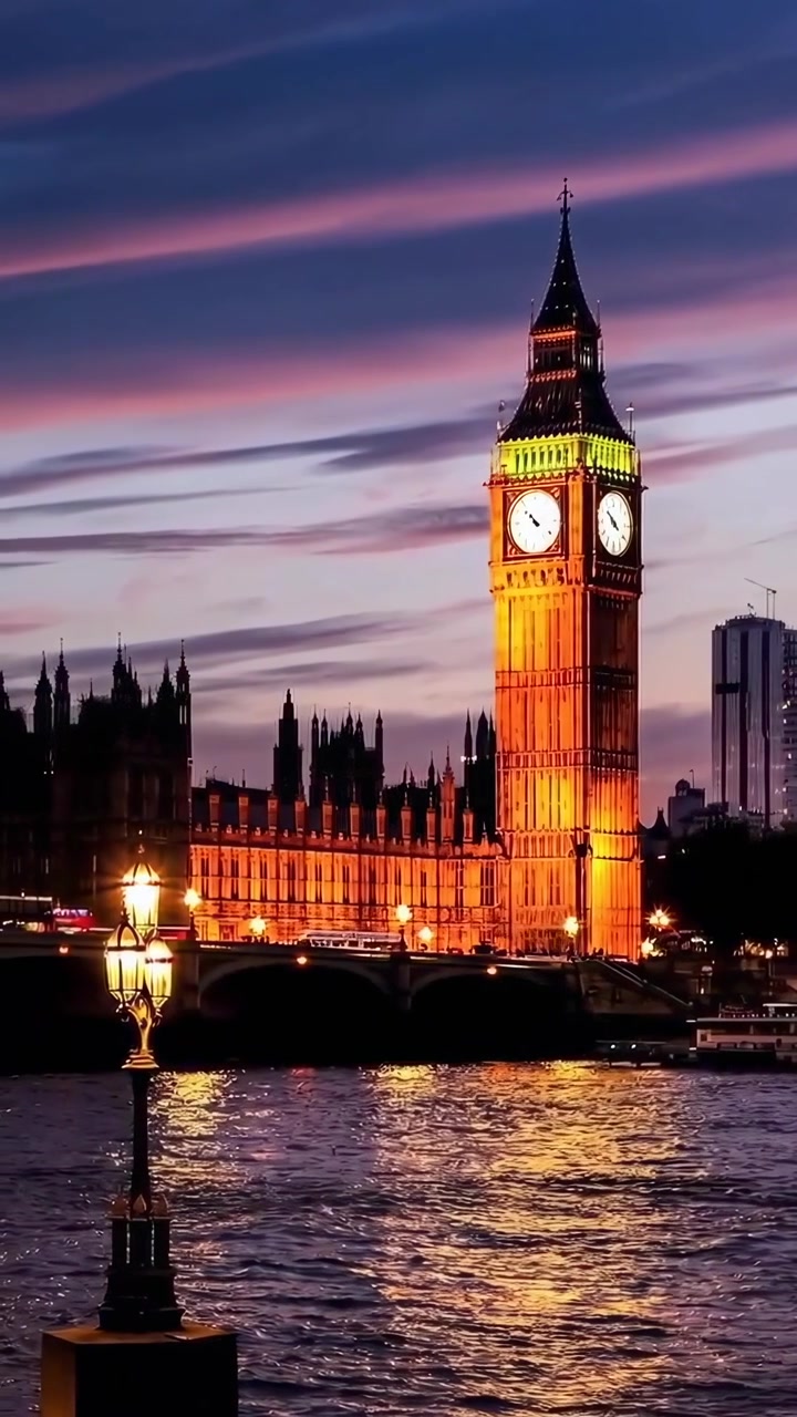 Big Ben et les Chambres du Parlement illuminés au crépuscule à Londres
