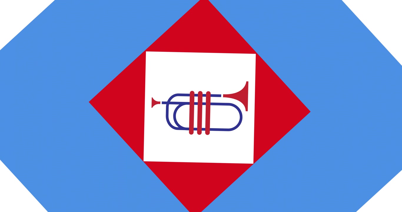Animation of trumpet on red, white and blue american flag colours