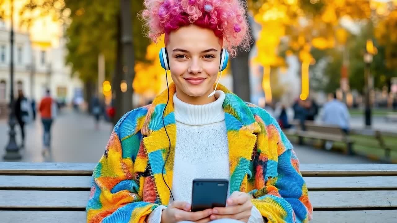 A woman with pink hair sitting on a bench listening to music on her phone