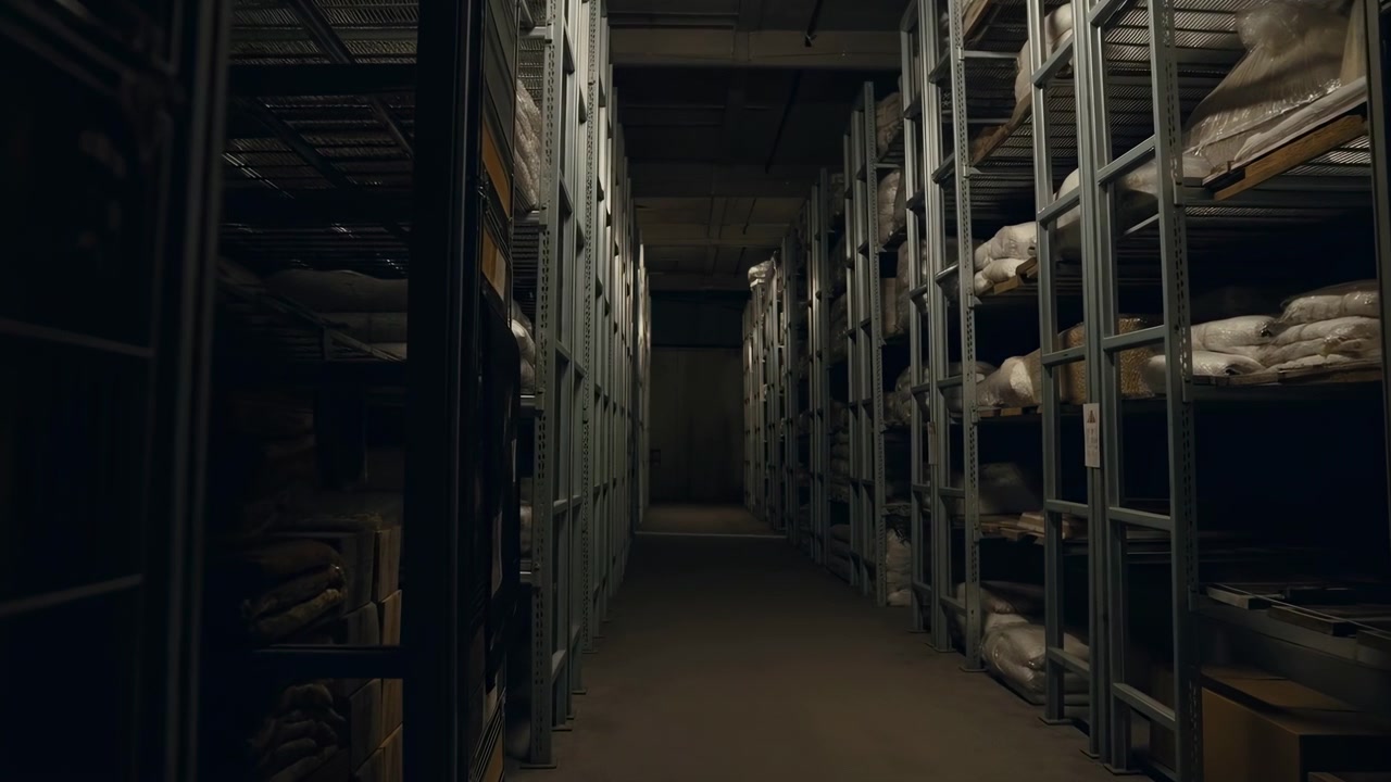 Vista centrata lungo un corridoio stretto di magazzino fiancheggiato da alte scaffalature metalliche grigio chiaro che contengono sacchi di tessuto impilati, scatole di cartone, pacchi avvolti e pallet.