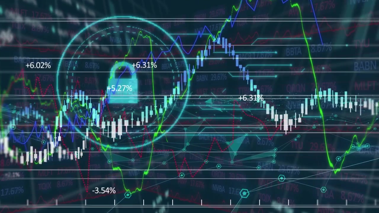 Animation of financial data processing over padlock icon on black background