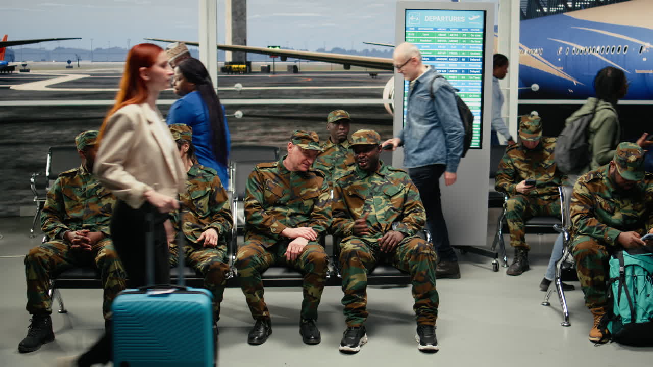 Smiling military squad chatting in airport lounge, waiting for plane arrival