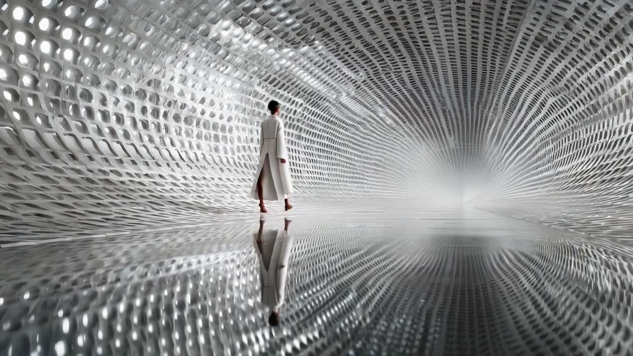 A solitary figure stands gracefully amid a stunningly designed modern architectural space, featuring intricate patterns, unique light reflections, and a futuristic atmosphere that captivates the viewer's imagination