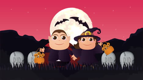 halloween dark scene with dracula and witch character