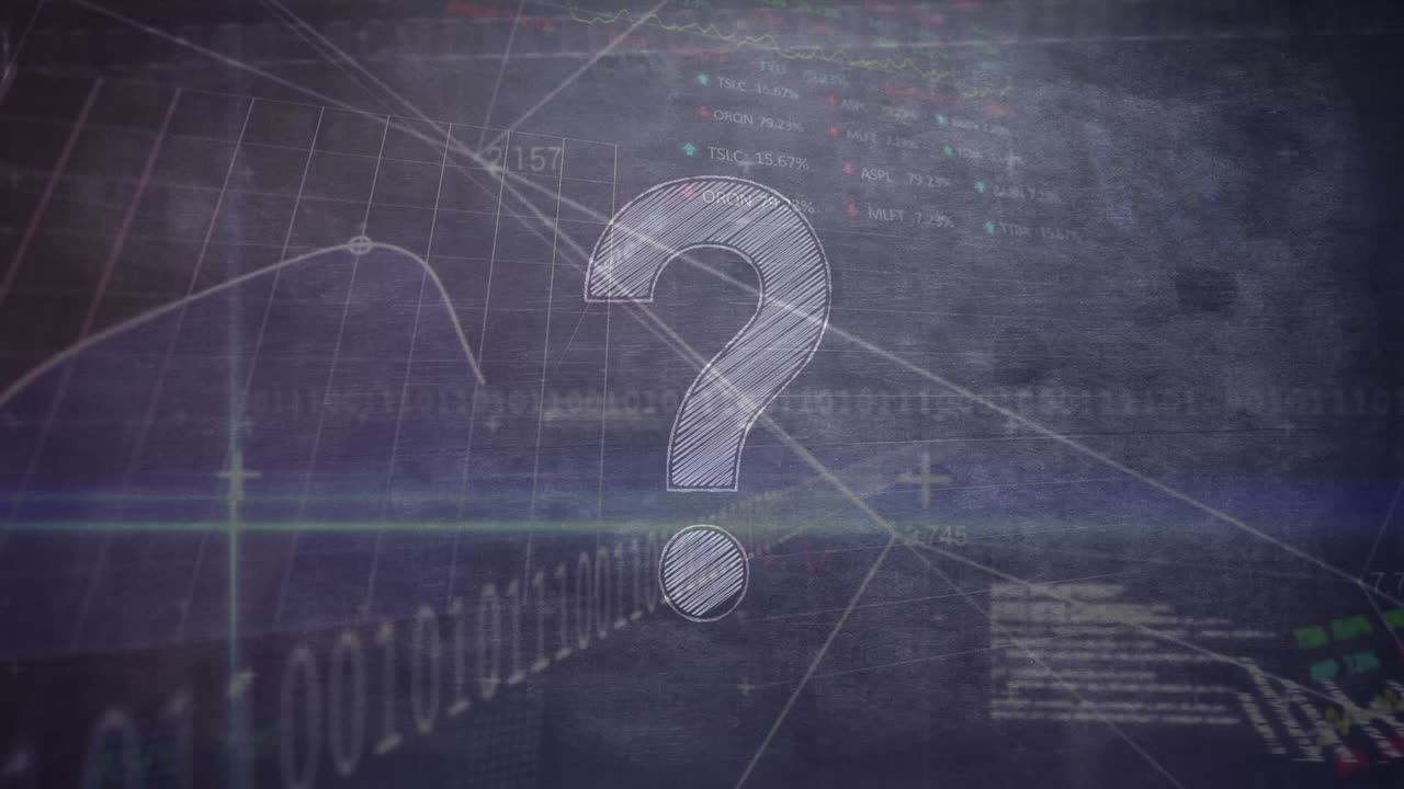 animación de la interfaz de datos digital y el signo de interrogación sobre un fondo oscuro