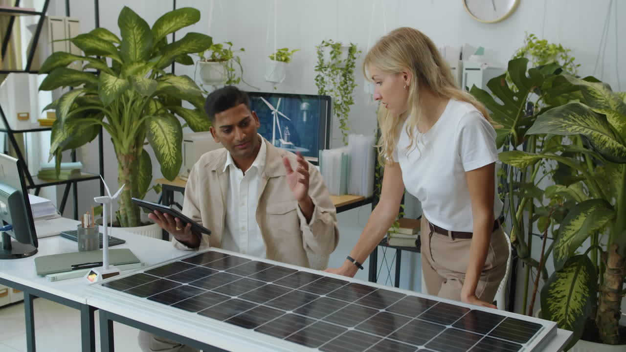 Two Specialists Discussing Work of Solar Panel when Working at Green Office