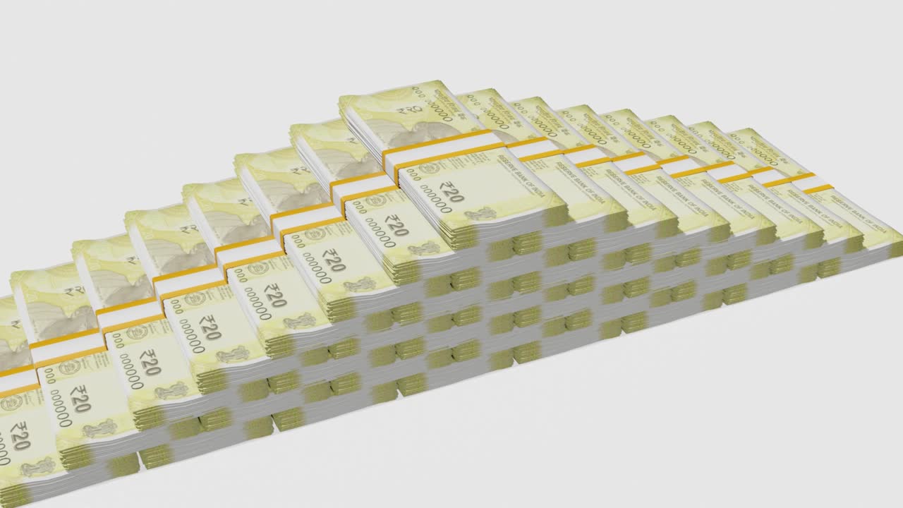 Banyak tumpukan uang. Uang kertas 20 Rupee India. Tumpukan uang