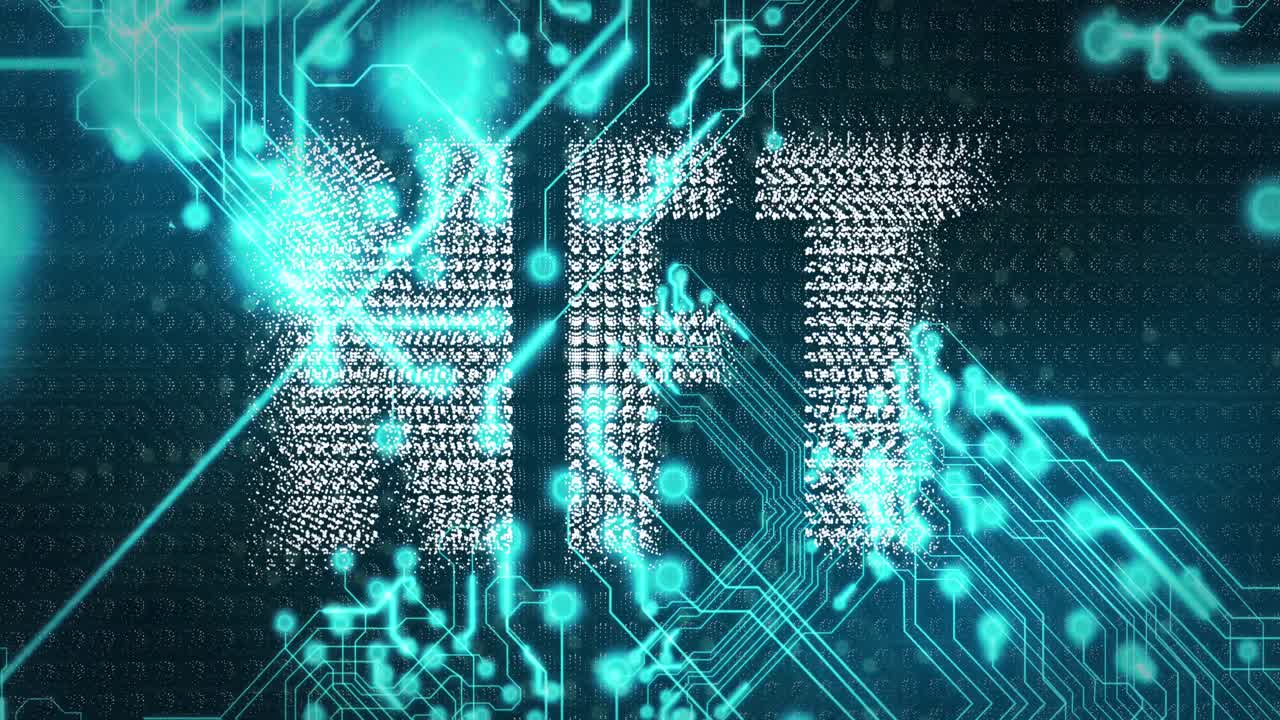 전자 회로판 패턴 위에 조명된 nft 텍스트의 애니메이션