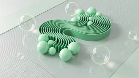 abstract 3d geometric design with green spheres and bubbles