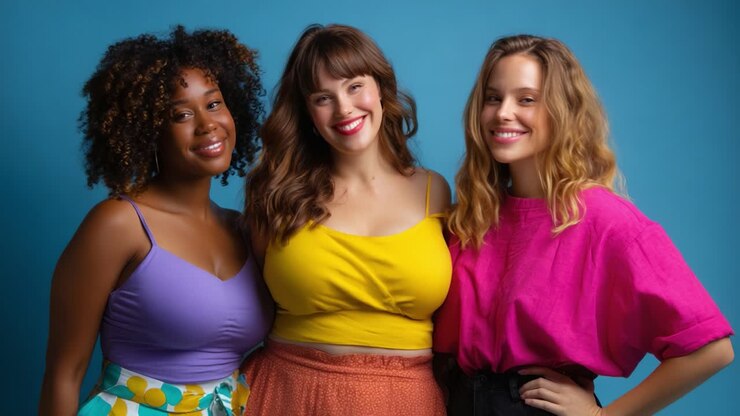 Tre donne diverse che mostrano moda e amicizia vivaci su uno sfondo blu brillante, celebrando la body positivity e la gioia nei loro stili unici