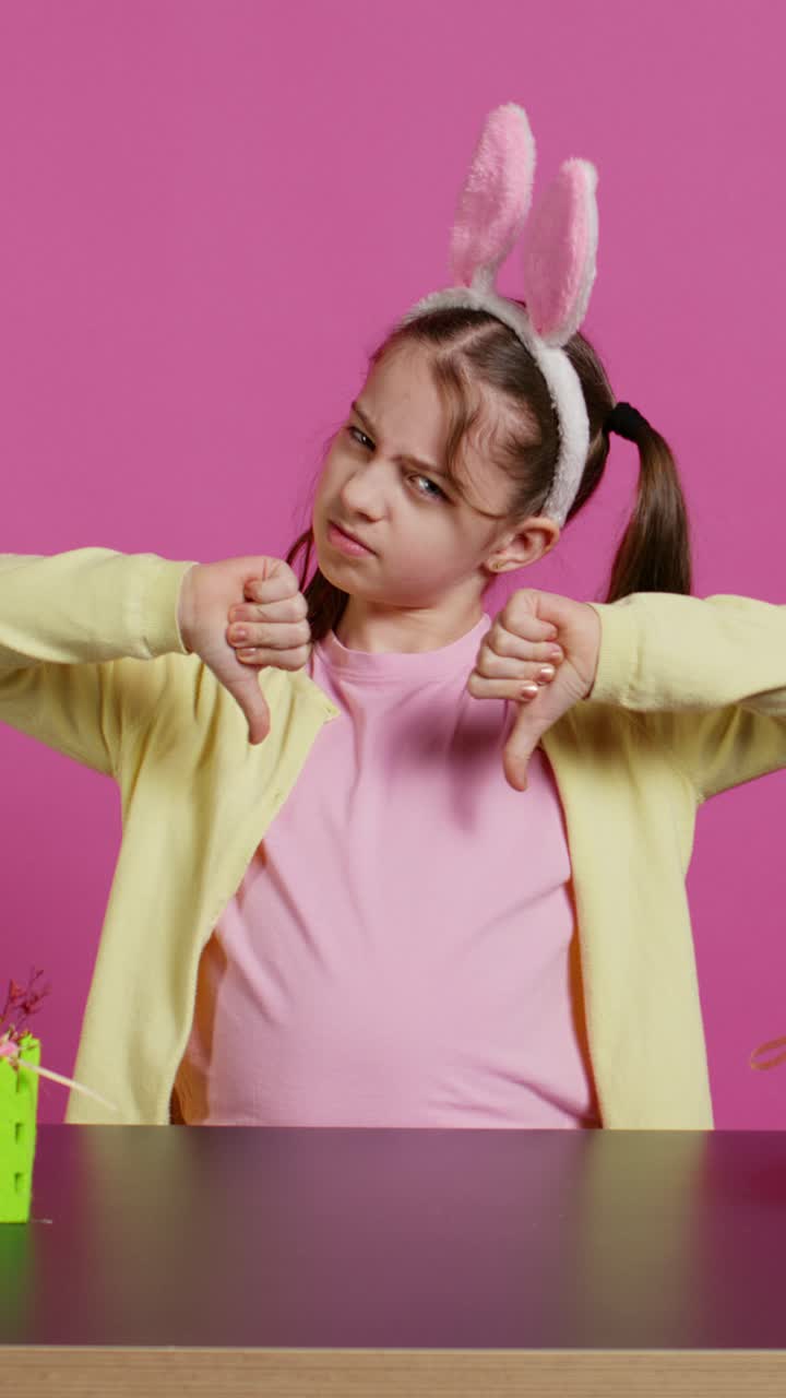 Young Girl with Bunny Ears Showing Thumbs Down