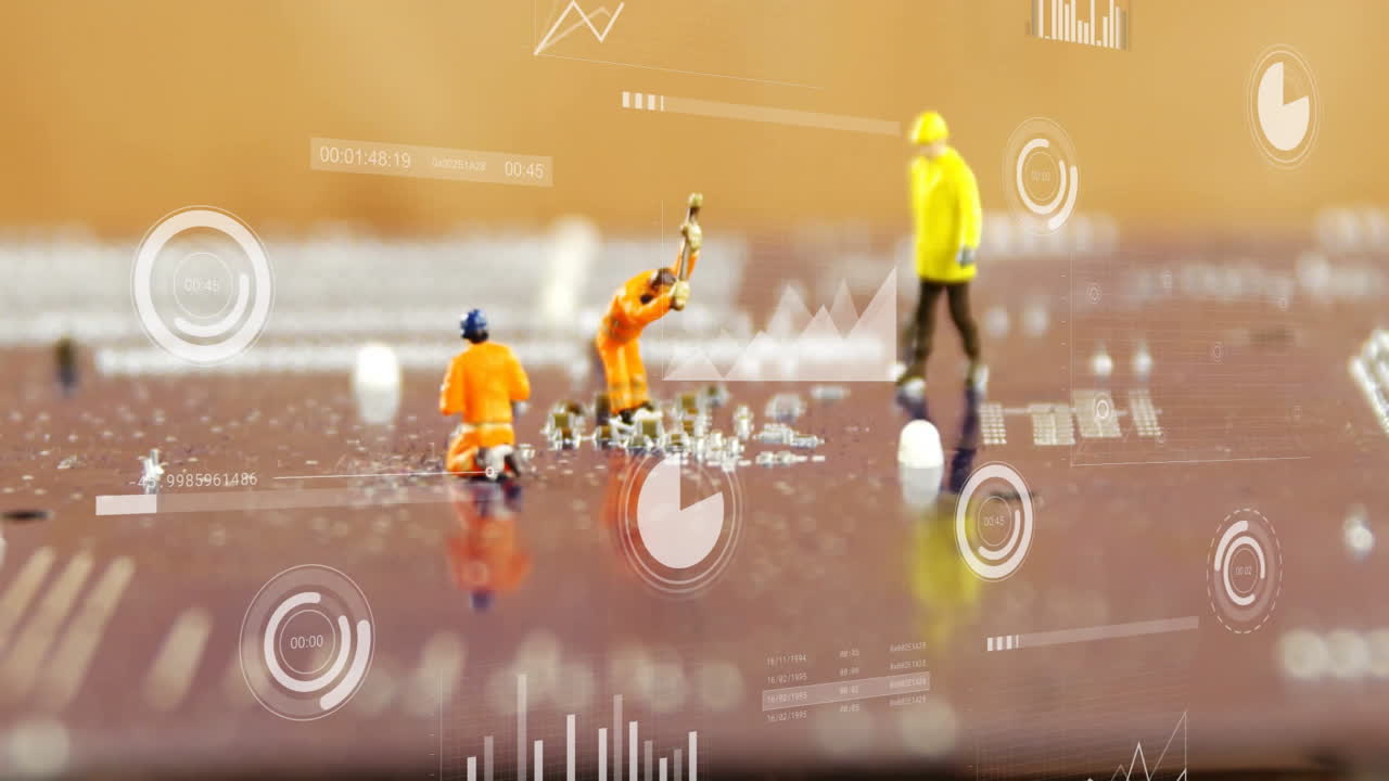 Miniature construction workers processing digital data animation