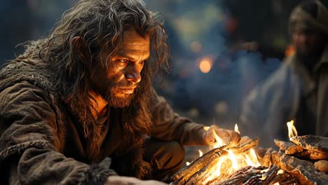man sitting near fire in a forest, focused on starting flames