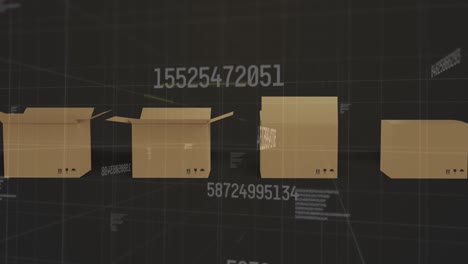 animación de números cambiantes y procesamiento de datos sobre cajas de cartón en movimiento