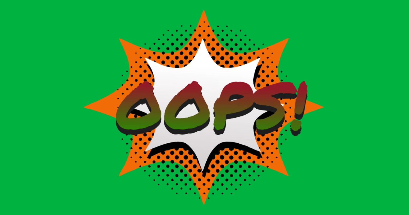 Animazione di una nuvoletta di dialogo da fumetto vintage con il testo "Oops!" scritto in verde