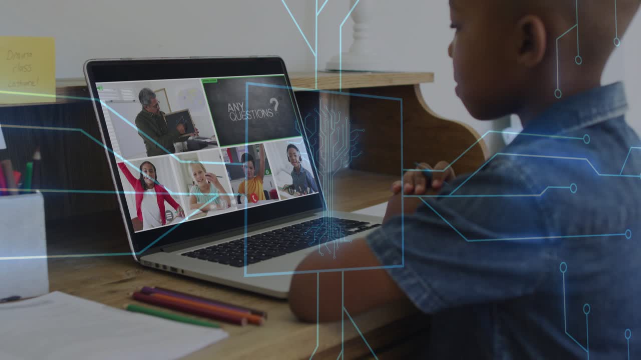 Boy at desk in remote class, teacher presenting question slide on laptop, circuit overlay expanding