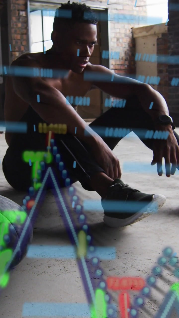 Man finishing training set, adjusting shoe on concrete floor, HUD overlaying and tracking metrics