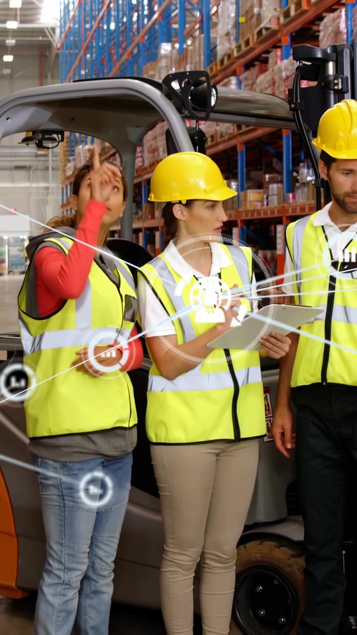 Warehouse crew checking tablet by forklift, left worker pointing up and causing HUD tagging pallets