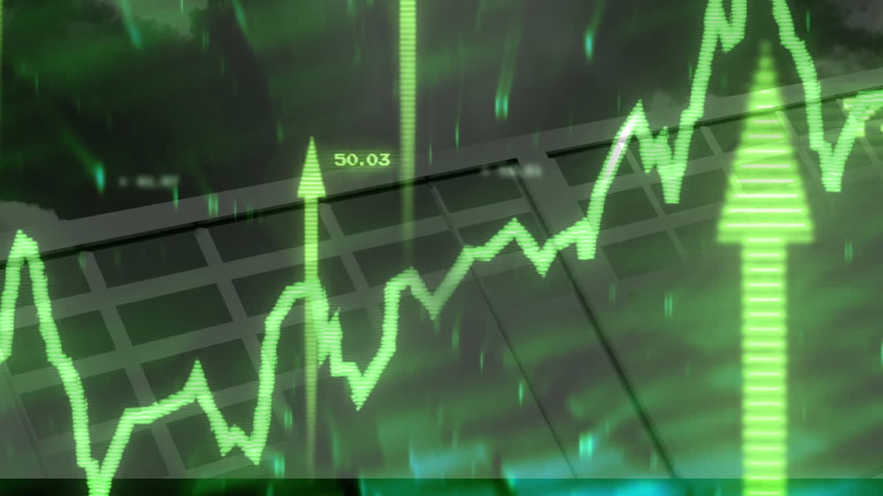 Animation showing green financial graph with upward trend and data points