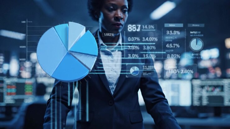 A Professional Analyzing Data in a High-Tech Environment with Visual Displays and Graphs Indicating Trends and Insights in Business Intelligence Metrics