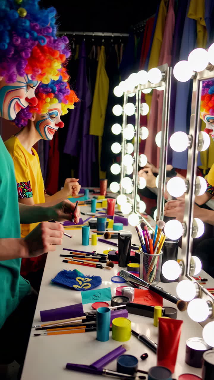 Clown Applying Makeup in a Dressing Room