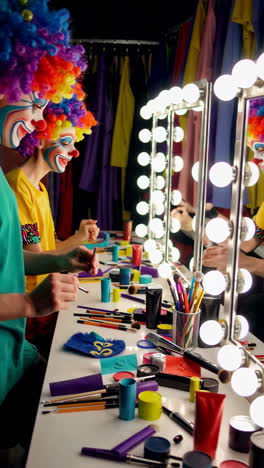 clown applying makeup in a dressing room